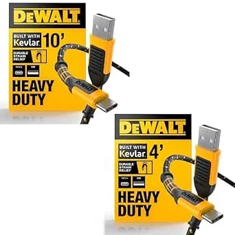 Dewalt Dual-Length Kevlar USB-A To USB-C Cable Bundle: 4ft + 10ft Heavy-Duty Fast Charging Cords