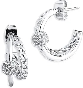 Harley-Davidson Women'S Double Hoop With Curb Chain & Ball Accent Pave Earrings