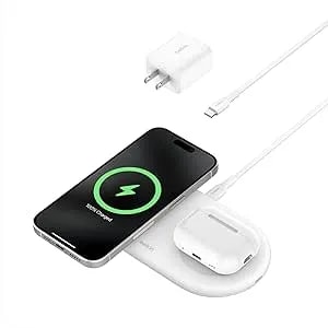 Belkin 2-In-1 Wireless Charging Pad W/ qi2 15w + Additional Usb-C Port - Magsafe-Compatible Charger, Charging Station For Iphone 16 & 15 Series, Samsung Galaxy s25 Series, Airpods, & More - White