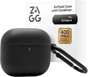 Zagg Case With Carabiner For Airpods 4 – Wireless Charging Compatible Protective Cover – 360° Drop, Dust & Scratch Protection, Durable Silicone Design, Black