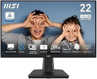 Msi Pro mp225v, 22-Inch, 1920 X 1080 (Fhd) Computer Monitor, 100hz, Adaptive-Synch, Hdmi, Video Port, Low Blue Light, Eye-Q Check, Vesa Mountable, Tilt, 1ms, Black