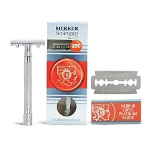 Merkur 25c Double Edge Safety Razor In Bright Chrome With An Open Comb Design, Long Handle, Made In Germany, Plastic-Free, Three-Piece Design, And Straight Bar