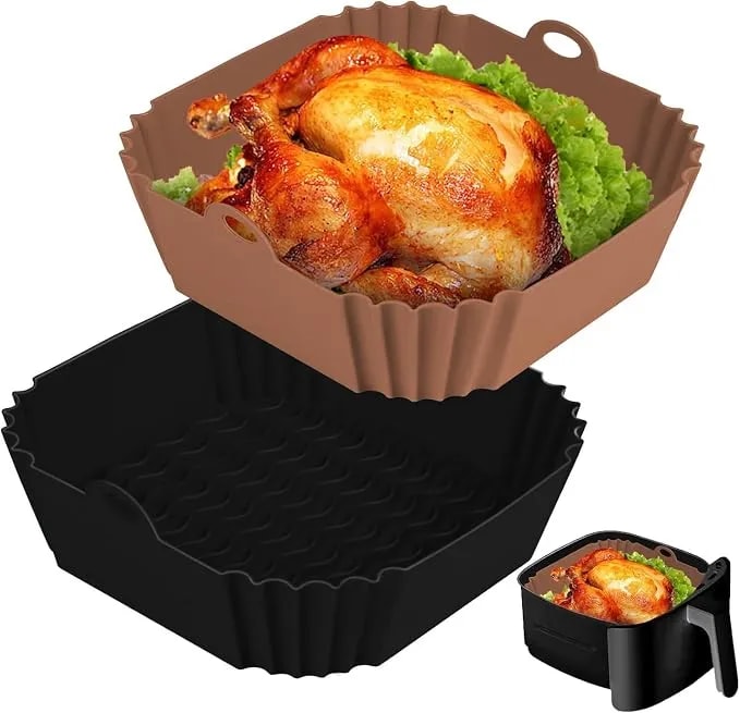 Boribim 2 Pcs Square Silicone Air Fryer Liners - 8 Inch Reusable Air Fryer Pot - Air Fryer Accessories - Air Fryer Inserts For 4 To 7 Qt Oven Microwave Accessories (Black + Brown)