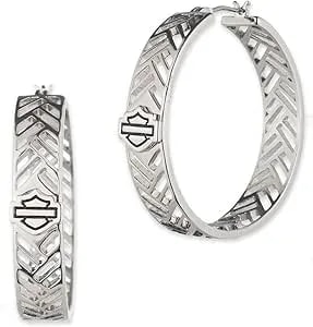 Harley-Davidson Women'S Cut Out Tire Track Bar & Shield Hoop Earrings, Silver