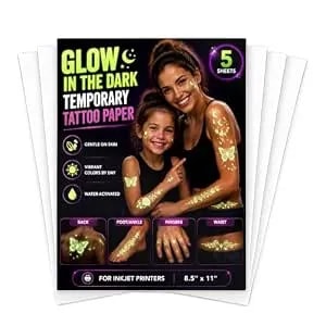 Luminous Printable Temporary Tattoo Paper For Inkjet Printer, 5 Sheets Glow In The Dark Custom Temporary Tattoo Sticker For 4th Of July, Kids, Women, Party