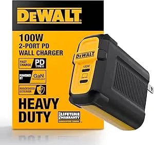 Dewalt Heavy Duty 100w Usb C Charger Block(Gan), 2 Port 100 Watt Fast Compact Wall Charger For Macbook Pro, Macbook Air, Google Pixelbook, Thinkpad, Dell Xps, Ipad Pro, Galaxy s22/s20, Iphone 16/15/14