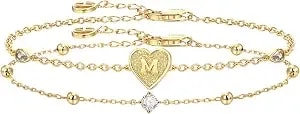 Cicy Bell Gold Heart Initial Bracelets For Women Gifts Dainty 18k Gold Plated Cubic Zirconia Personalized A-Z Name Chain Link Charm Bracelet Non Tarnish Birthday Jewelry Gifts For Her