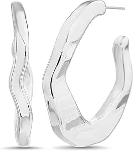 Nautica 37 Mm Wavy Hoop Earrings For Women Rhodium Plated Alloy