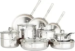 Viking 3-Ply Pots And Pans Set, 17 Piece Stainless Steel Cookware Glass Lids, Steamer Insert, Silver