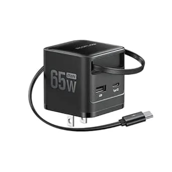 EF Ecoflow 65W USB C Charger With Retractable Cable, 3-In-1 Phone Charger With Type C Cable, 2-Port Fast Charger Compatible With Iphone 16 Pro Max, Ipad Pro/Air, Galaxy S25, Steam Deck (Black)