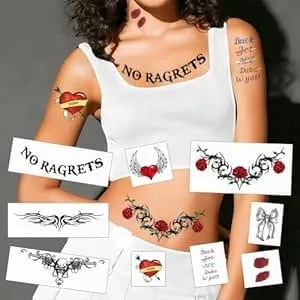 Female White Trash 9-Pack Temporary Tattoos For Halloween & Costumes – Realistic Fake Hickeys, Tramp Stamp Designs, Hillbilly Party Attire (Easy Waterproof Fake Tattoos)