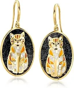 Ross-Simons Onyx And Mother-Of-Pearl Cat Mosaic Drop Earrings With Multicolored Enamel In 18kt Gold Over Sterling