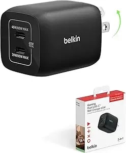 Belkin Gaming Dual Usb C Charger Block For Nintendo Switch 2 And Pro Controller W/ 65w Gan Fast Charging - Apple Iphone 17, Ipad, Macbook, Airpods, Samsung Galaxy s25, Google Pixel 10 & More - Black