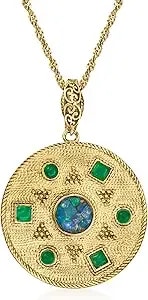 Ross-Simons Black Opal And Green Agate Sun Medallion Pendant Necklace In 18kt Gold Over Sterling