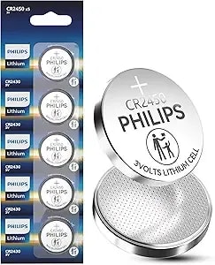 Philips cr2450 3v Lithium Button Cell Battery 5 Pack, 10 Year Shelf Life, Leak Proof, Child Resistant Packaging Works With Key Fob, Smart Lock & Home Electronics