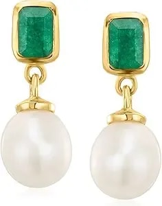 Ross-Simons 1.30 Ct. T.W. Emerald And 8.5-9mm Cultured Pearl Drop Earrings In 18kt Gold Over Sterling