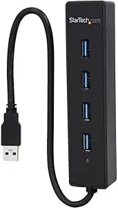 Startech.Com 4-Port USB 3.0 Hub With Built-In Cable - Superspeed Laptop USB Hub - Portable USB Splitter - Mini USB Hub (ST4300PBU3), Black
