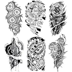 6 Sheets Biomechanical Mechanical Gear Temporary Tattoos For Men - Black And Grey Robot Gear Clock Waterproof Fake Tattoo Stickers, 3d Rip Skin Half Sleeve Body Art Arm Chest