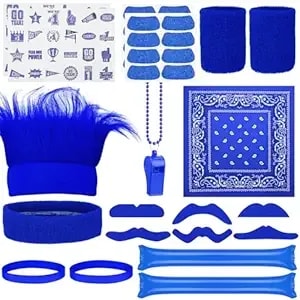 Bonuci 72 Pcs Blue Spirit Wear Accessories Items Bulk Man Team Spirit Week Accessories Camp Day Item Fake Mustache Crazy Hair Wig Bandana Go Team Tattoo Noisemaker Bam Wristband Eyeblack Sticker