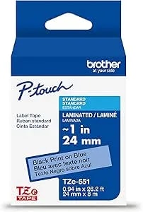 Brother Genuine P-Touch Tze Black Print On Blue Label Tape (tze551), Laminated,1in X 26.2ft (24mm X 8m), For Select P-Touch Label Makers, Durable, Water-Resistant, Indoor/Outdoor Use