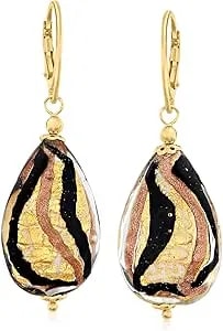 Ross-Simons Italian Black And Goldtone Murano Glass Drop Earrings In 18kt Gold Over Sterling