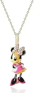Disney Womens 3d Minnie Mouse Necklace 18", 24kt Gold Flash Plated And Dmq Cubic Zirconia Sterling Silver D Necklace Official License