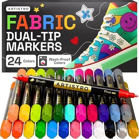 Artistro 24 Dual-Tip Fabric Markers Decorating Kit, Permanent For Clothes - Brush & Fine Tip, Acrylic Paint Pens For Sneakers, Bags, Shoes, Textiles, Canvas, Sewing, Craft, & Diy