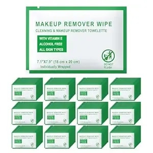 Individual Makeup Remover Wipes Bulk - Pack Of 50,Green Individually Wrapped Face Cleansing Wipes Travel Size For Mascara,Lipstick,Skin Care,Hotel Toiletries