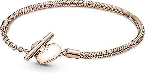 Pandora Moments Heart T-Bar Closure Snake Chain Bracelet - 14k Rose Gold Charm Bracelet For Women - Compatible Moments Charms - Features Rose - 16 Cm