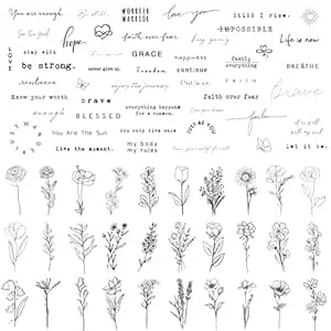 Tatuwst Realistic Temporary Tattoos - 60 Sheets Tiny Small Removable Tattoos, 30 Pcs Inspirational Quotes Words Tattoos, 30 Pcs Wild Flower Ink Line Botanical Floral Leaf Tattoo Stickers For Women