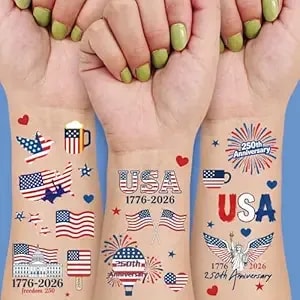 Temporary Tattoos For 250th Anniversary 4 Sheets, Us 250 Stickers 80 Pcs For Teens And Adult, Patriotic Decorations For 4th Of July