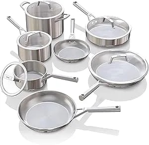 Ninja Everclad Stainless Steel Cookware 12 Piece Pots & Pans Set, All Stovetops & Induction, Oven Safe To 600°F, Tri-Ply Commercial-Grade, c99012