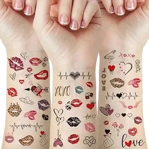 12 Sheets Valentines Day Temporary Tattoo Heart Lip Fake Tattoos For Women Girls, Rose Line Hearts Lips Tattoo Stickers, Semi Permanent Tattoo For Lover Valentines Decoration
