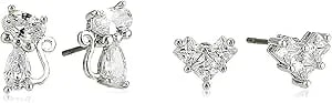 Betsey Johnson Cz Stone Delicate Cat & Bow Duo Stud Earrings Set