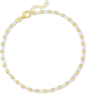 Ross-Simons Sterling Silver And 18kt Gold Over Sterling Bar And Bead Anklet. 9 Inches