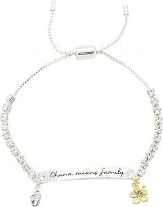 Disney Lilo & Stitch Two-Tone Crystal Ohana Flower Bar Bolo Bracelet For Women, Silver Plated, 9" Adjustable, Gift For Her