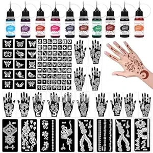 Temporary Tattoo Kit,10 Bottles Colors Temporary Tattoo Ink, 86 Temporary Stencils, 8 Gloves Stencils For Hands, (Different Sizes) Suitable For Skin Face Paint, Body Art, Party Fun