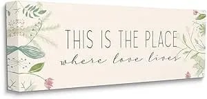Stupell Industries Where Love Lives Phrase Quaint Floral Charm, Design By Kim Allen Canvas Wall Art, 13 X 30, Beige