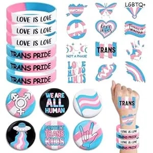 Sinasasspel 24pcs Transgender Pride Accessories 6 Silicone Bracelets Wristband 6 Badge Pins Buttons 12pcs Temporary Tattoo Stickers Transgender Pride Day Supplies Lgbtq+ Trans Pride Party Favors