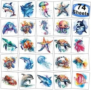 Charlent Watercolor Ocean Animals Temporary Tattoos For Kids Party Supplies - 74 Individually Sheets Sea Creature Tattoos For Boys Girls Ocean Birthday Party Favors,Classroom Rewards