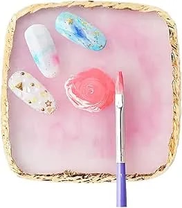 Resin Nail Art Palette, Square Shape Resin Nail Art Palette Gold Edge Nail Holder Display Board Cosmetic Mixing Tools