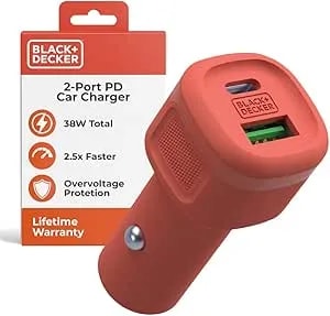 Black+Decker USB C Car Charger, Compact 38W 2-Port, LED Indicator Type C Charger With Power Delivery/Quick Charge, Compatible With Iphone 17 16 15 14 13 Series, Pixel 3 2 XL, Ipad Pro, More