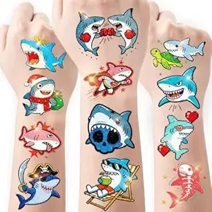 108 Pcs Glitter Shark Temporary Tattoos For Kids - Pre-Cut - Ocean Sea Creature Tattoos For Boys Girls, Shark Theme Birthday Decorations, Underwater Party Favors & Pool Beach Party Supplies