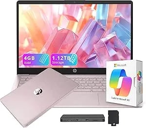 Hp Flagship 14" Hd Student&Business Laptop With Ai Copilot, 13th Gen Intel 4-Core, 4gb Ram, 1.12tb Storage (128gb Ufs + 1tb Docking Station), 1 Year Office 365, Wi-Fi 6, Win 11 S, Tranquil Pink