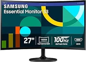 Samsung 27" Essential s3 (s36gd) Curved Monitor - Fhd, 1800r Curved Screen, 100hz, Eye Saver Mode, Game Mode, Hdmi D-Sub, ls27d36cganxza