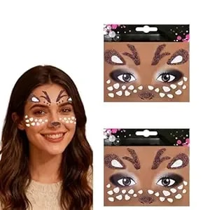 2pcs Reindeer Face Tattoos Stickers Halloween Face Tattoo For Women Men Glitter Face Jewels Cute Animal Deer Temporary Tattoo For Adult Makeup Birthday Festive Cosplay Party Decoration (khaki_2pcs)