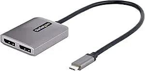 Startech.Com USB-C To Dual Displayport 1.4 Adapter, USB Type-C Muliti-Monitor MST Hub, Dual 5K 60Hz DP Laptop Display Extender / Splitter, HDR, Extra-Long Built-In Cable, Windows Only (MST14CD122DP)