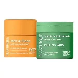 Plantifique Korean Cleansing Balm Makeup Remover With Mango & Papaya Extracts And Korean Glycolic Acid Pads With Cica 60 Pcs