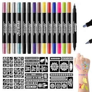 Sovano Temporary Tattoo Markers For Skin, 15 Dual-End Tattoo Pens For Teens Adults, Skin Safe Body Markers With 82 Tattoo Stencils, Glitter Metallic Matte Body Art Pens, Bright Colors