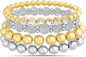 Nautica Stretch Bead Stacking Bracelet Set For Women Rhodium & 14k Yellow Gold Plated Alloy